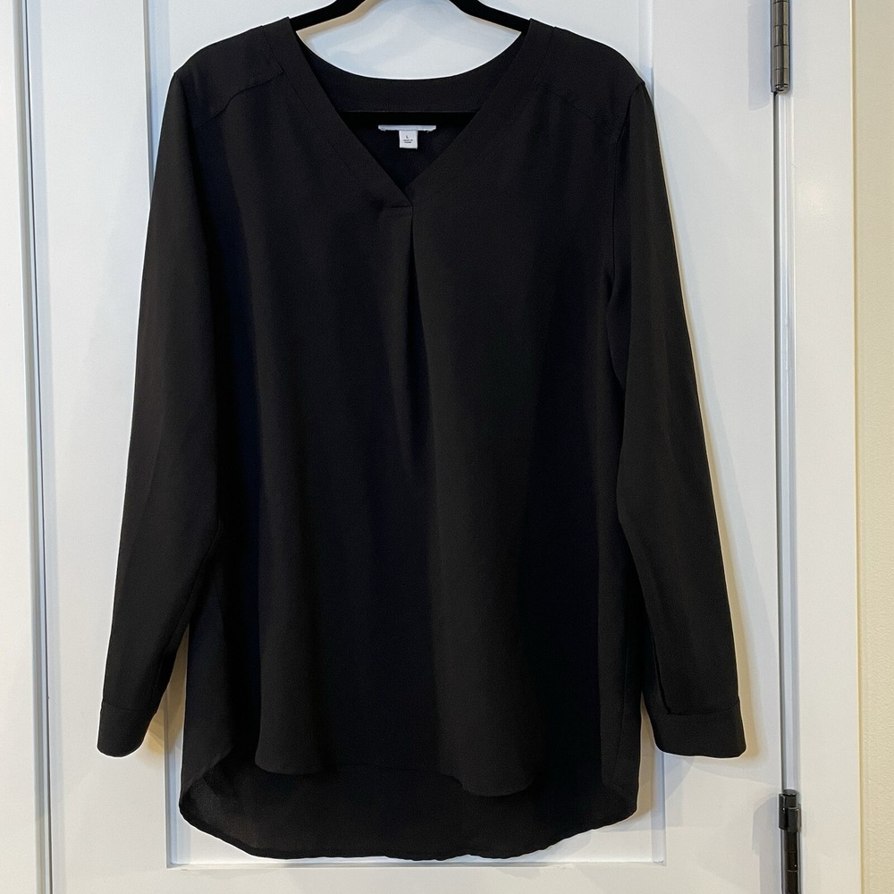 Nine West Womens Blouse Top Black V Neck Long Sleeve Large L Lighweight‎ Relaxed